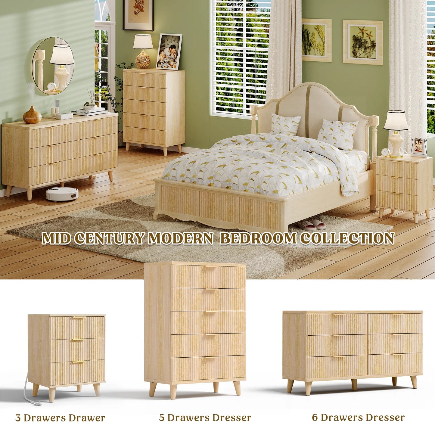 GIKPAL 3 Drawer Dresser with Charging Station, Small Dresser & Fluted End Table, Baby Dresser with Solid Wooden Legs for Bedroom, Natural