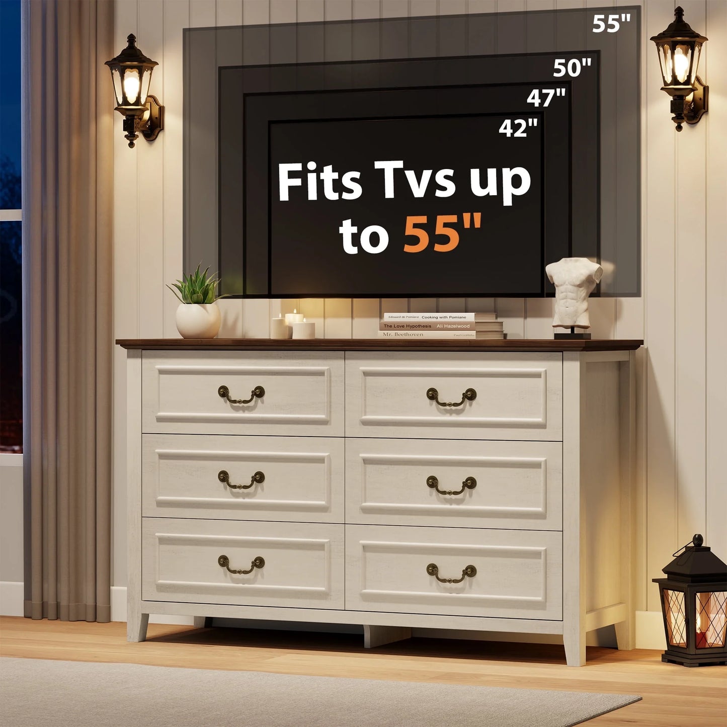 GIKPAL White Dresser for Bedroom, 6 Drawers Wood Dresser with Antique Handles, Farmhouse Rustic Chest of Drawers for Bedroom, Living Room, Entryway & Hallway