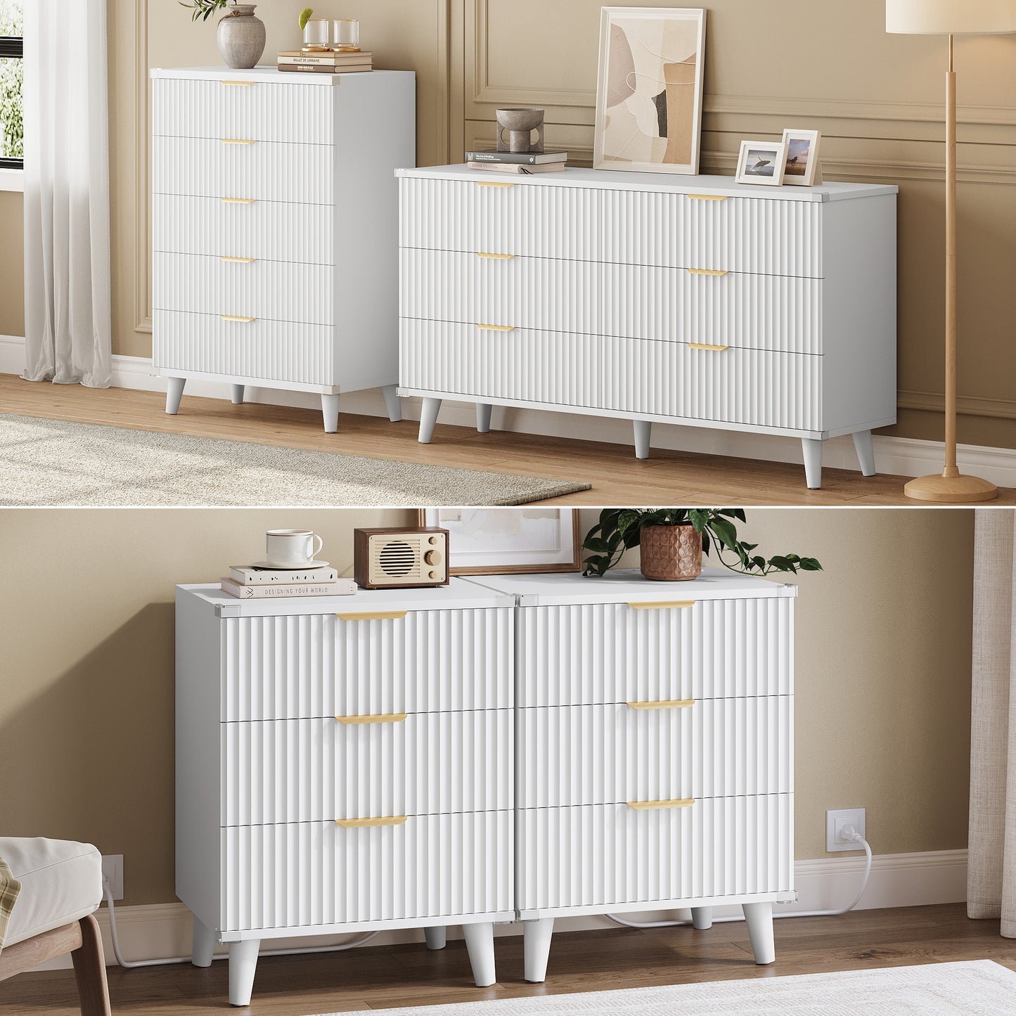 GIKPAL Bedroom Furniture Set - Includes 6 Drawer Dresser & 5 Drawer Dresser & 3 Drawer Nightstand Set of 2 with USB, Boho Dresser and Nightstand Sets, White