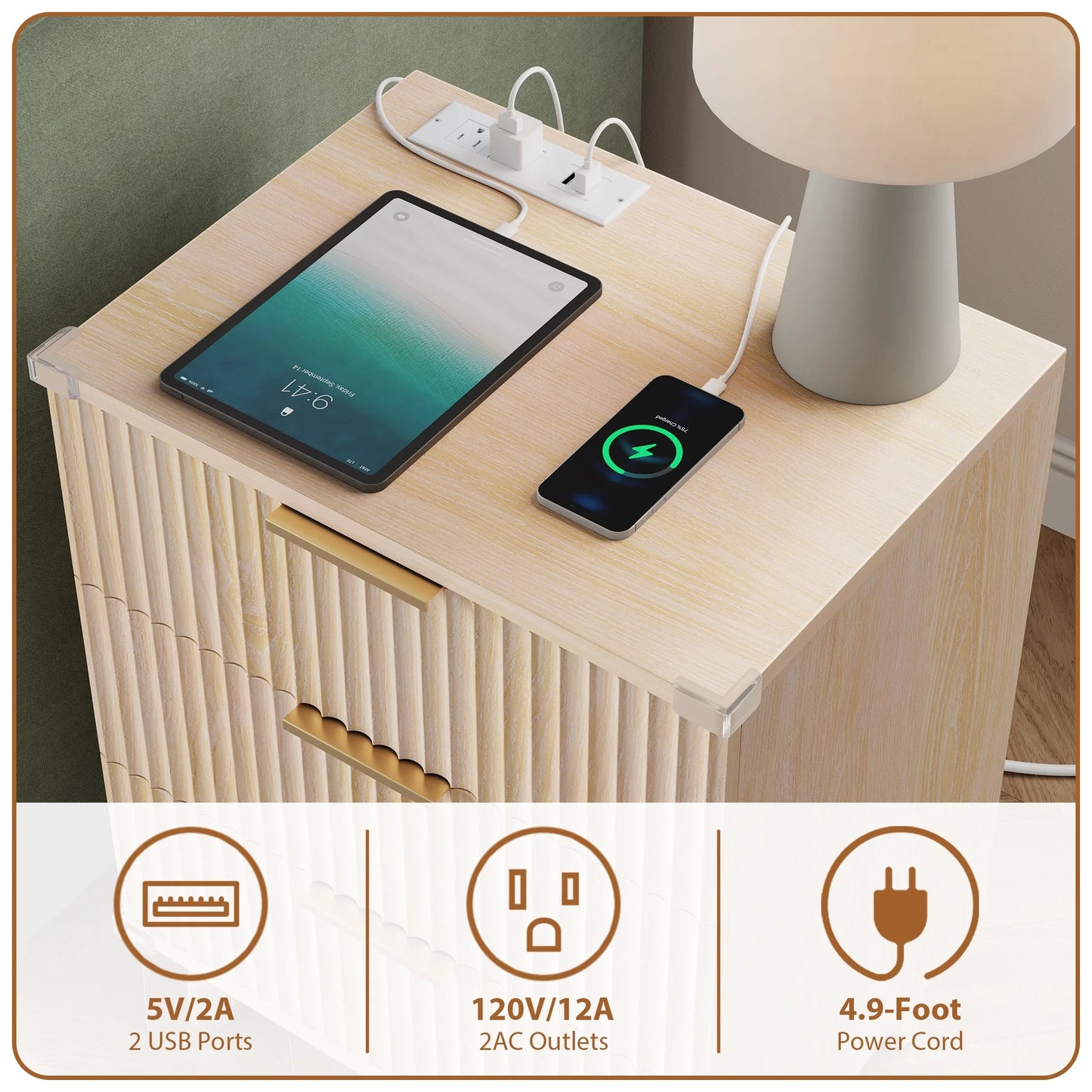 GIKPAL 3 Drawer Dresser with Charging Station, Small Dresser & Fluted End Table, Baby Dresser with Solid Wooden Legs for Bedroom, Natural