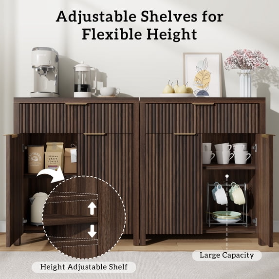 GIKPAL Storage Cabinet with Fluted Doors, Sideboard Buffet Cabinet with Storage Drawers, Modern Kitchen Accent Organizer with Adjustable Shelves, Walnut Set of 2