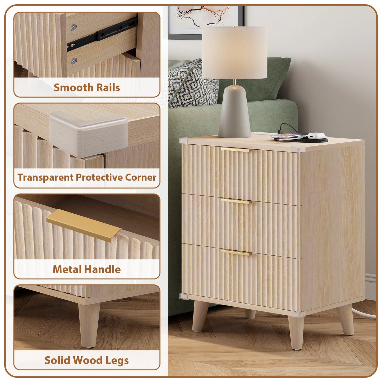 GIKPAL 3 Drawer Dresser with Charging Station, Small Dresser & Fluted End Table, Baby Dresser with Solid Wooden Legs for Bedroom, Natural