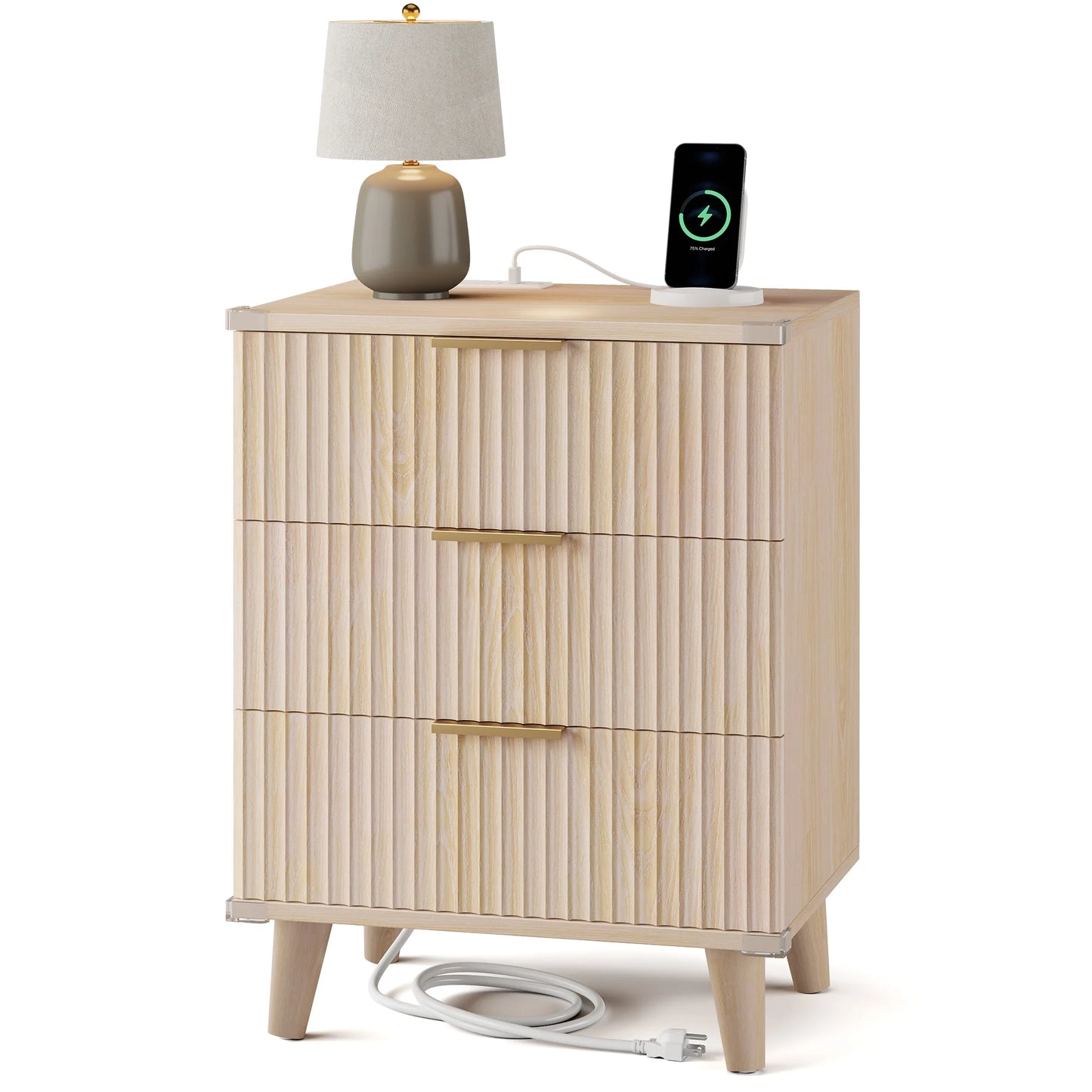 GIKPAL 3 Drawer Dresser with Charging Station, Small Dresser & Fluted End Table, Baby Dresser with Solid Wooden Legs for Bedroom, Natural