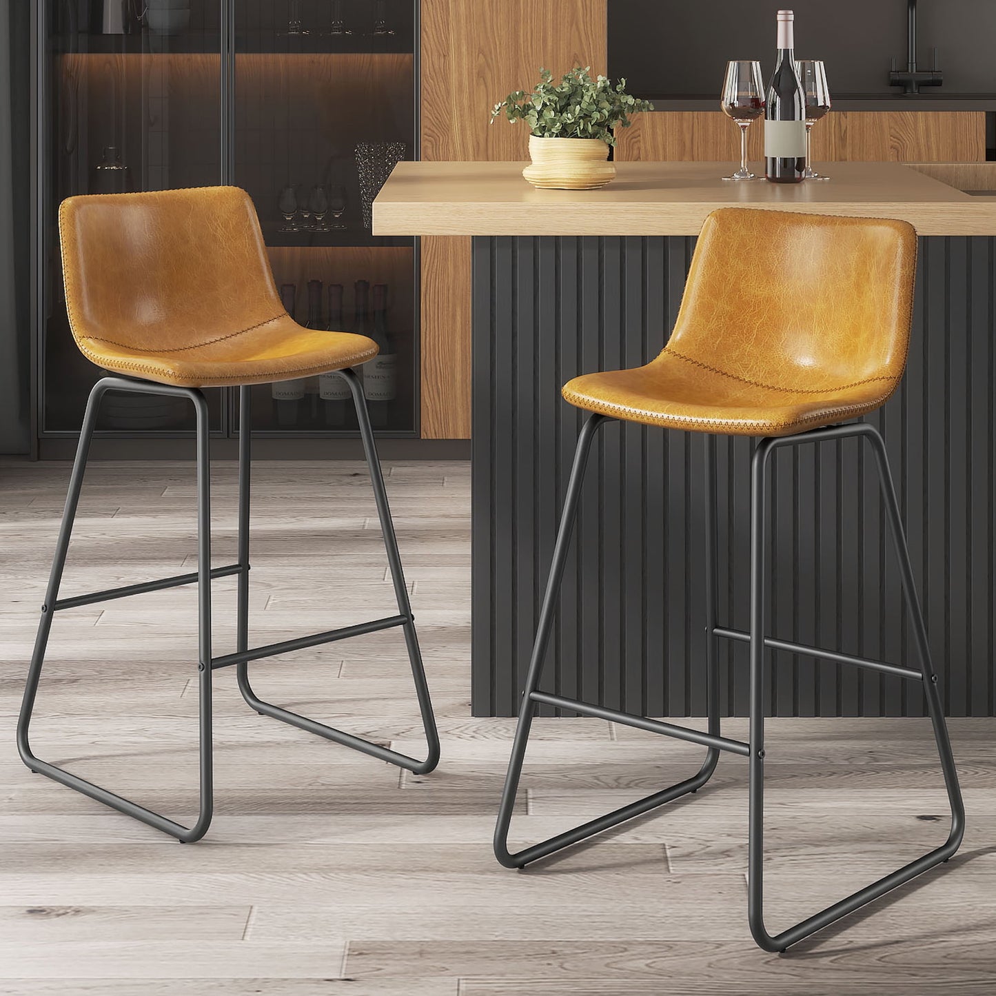 GIKPAL Bar Stools 26" Faux Leather Counter Height Barstools with Back Set of 2, Modern Counter Stools with Metal Legs and Footrest, Armless Chairs with Back for Kitchen Living Room Pub, Whiskey