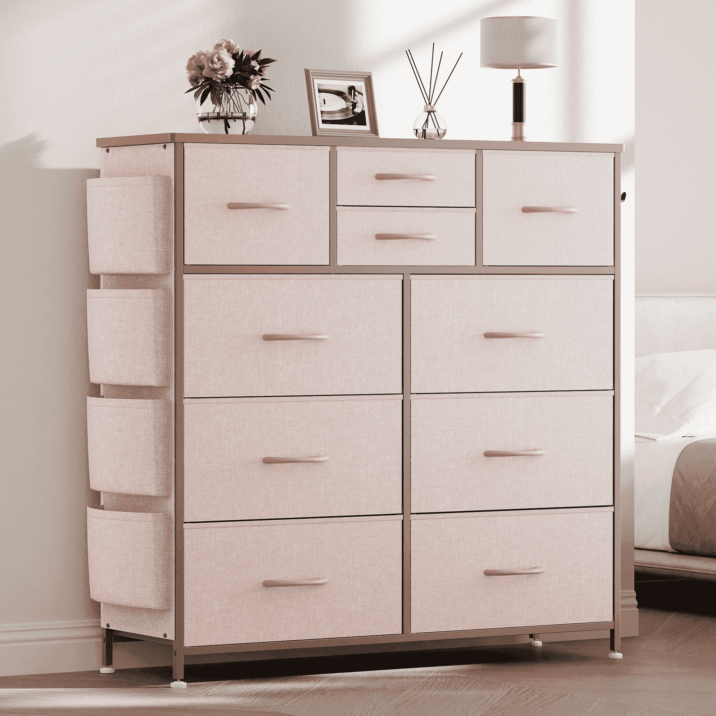 Aowos 10 Drawer Fabric Dresser for Bedroom, Chest of Drawers Organizer Storage Cabinet for Closet, Dressers with Side Pockets and Hooks for Entryway, Pink