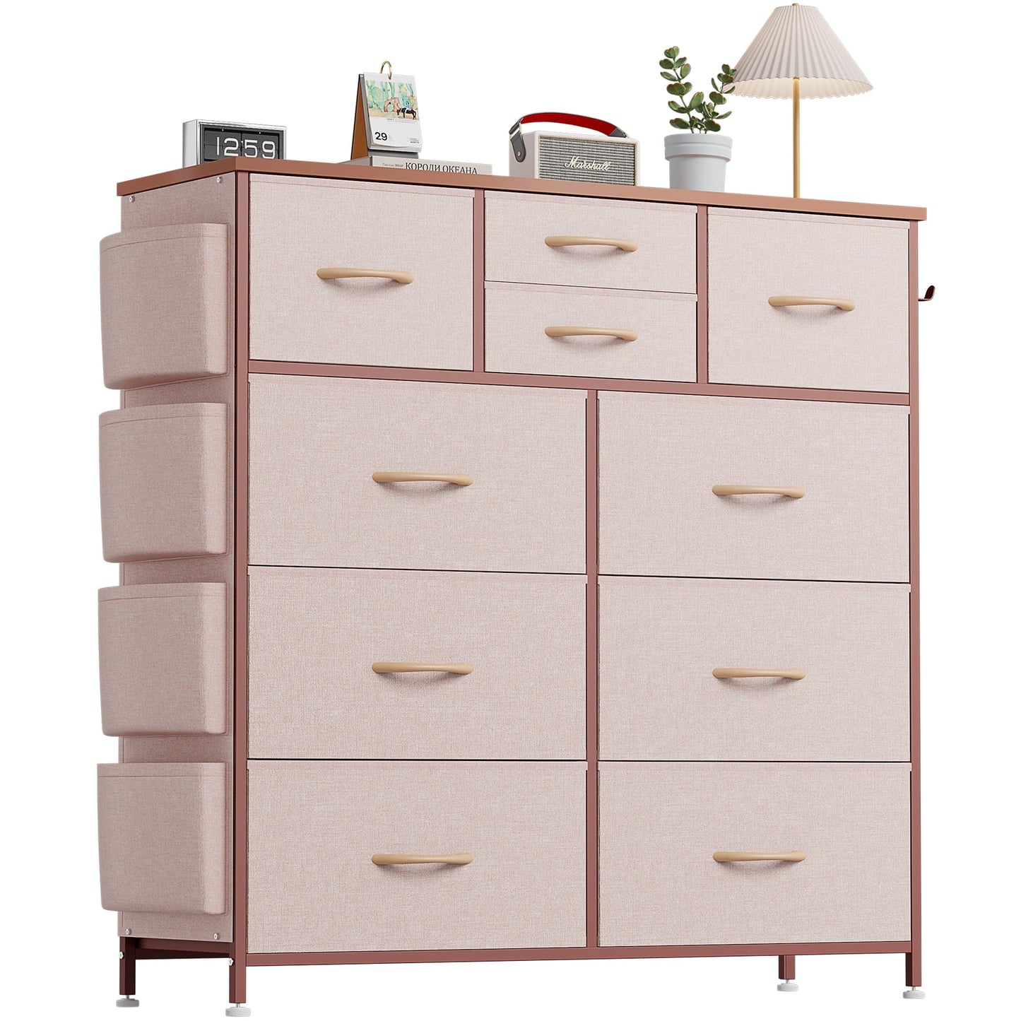 Aowos 10 Drawers Dressers Fabric Dressers for Bedroom Chest of Drawers with Wood Top with 2 Hook 4 Side Pockets, Pink