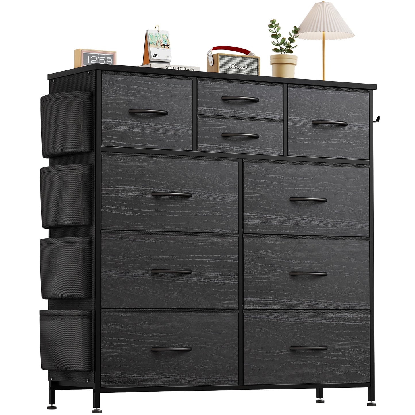 Aowos 10 Drawers Dressers for Bedroom Chest of Drawers Fabric Dresser Wood Top with 2 Hook 3 Side Pockets, Black