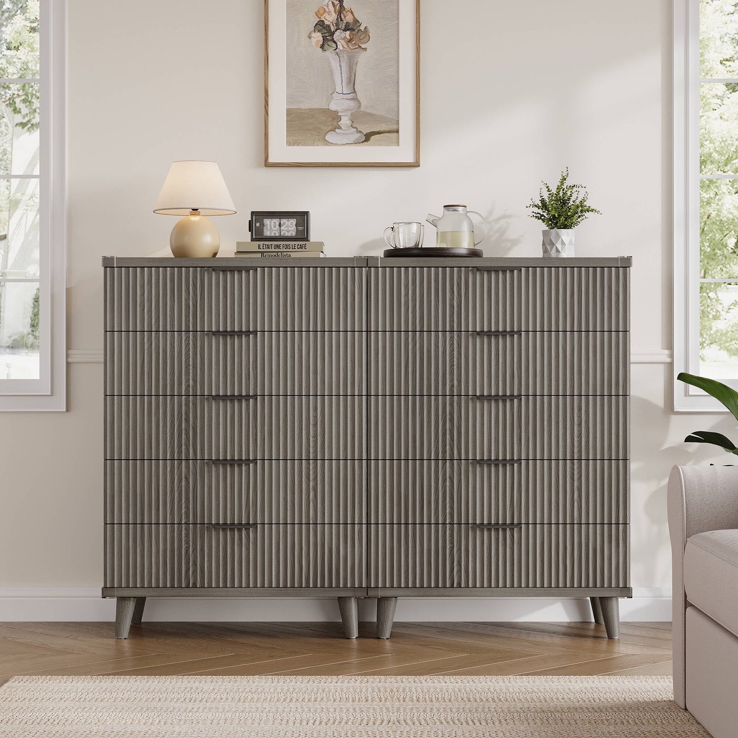 GIKPAL 5 Drawers Tall Dresser Set of 2, Modern Boho Fluted Dresser Wood Chest of Drawers for Bedroom Living Room Hallway Entryway
