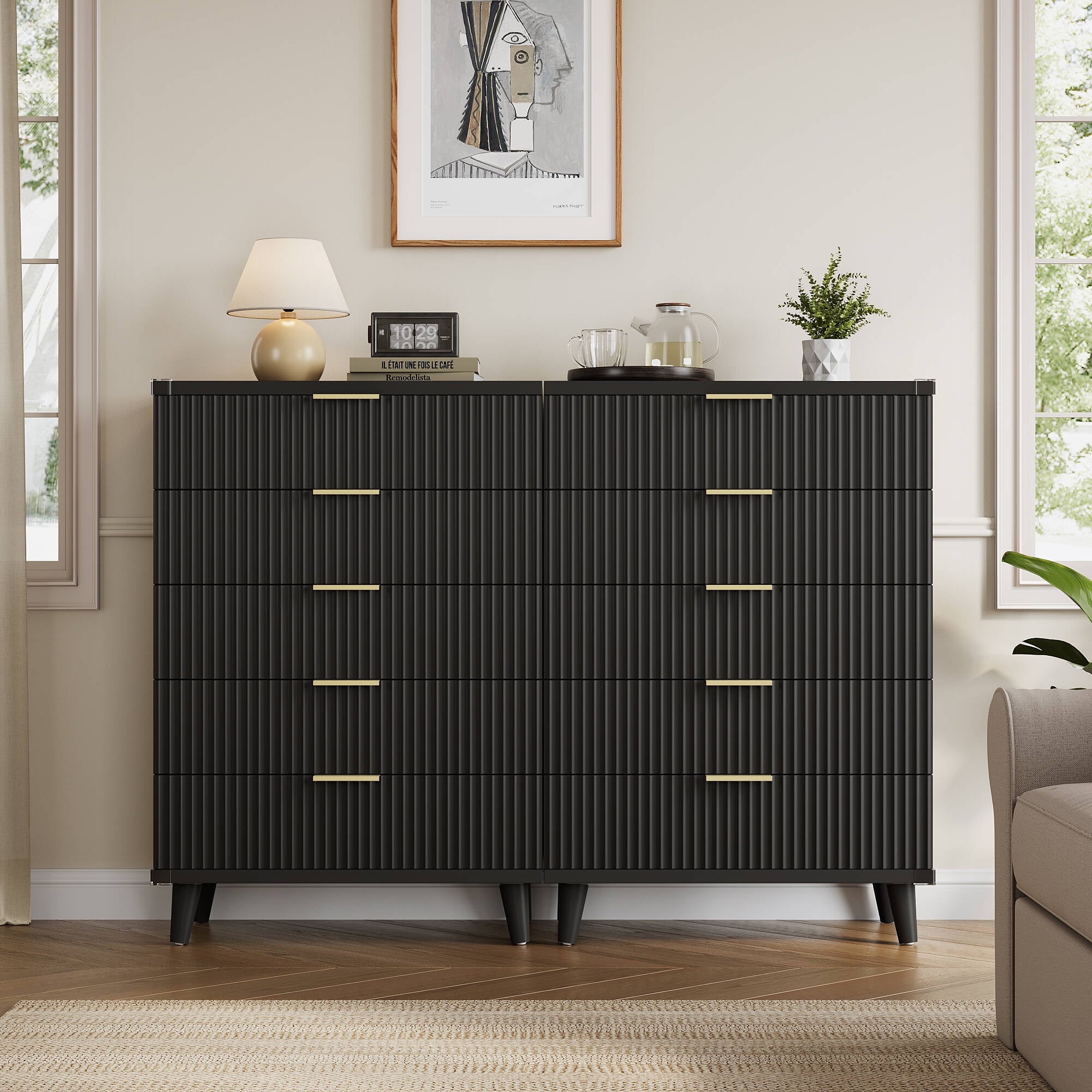 GIKPAL 5 Drawers Tall Dresser Set of 2, Modern Fluted Black Dresser Wo