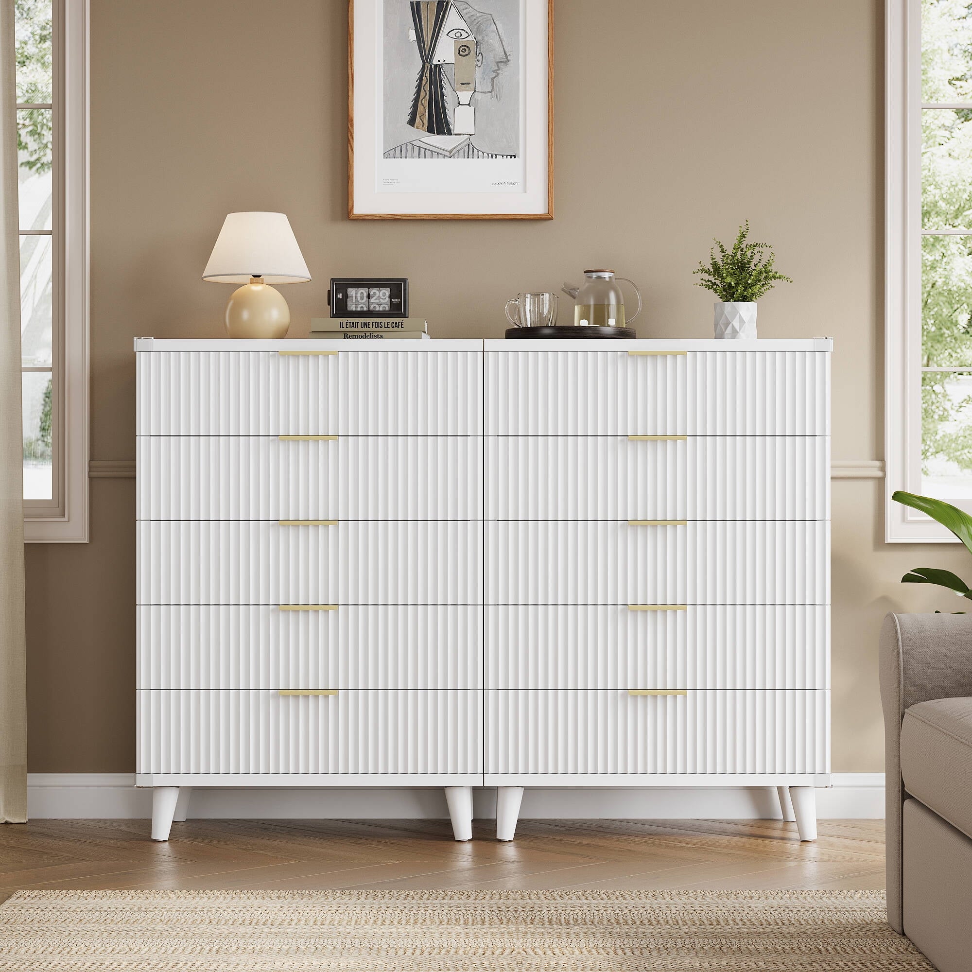 GIKPAL 5 Drawers Tall Dresser Set of 2, Modern Fluted White Dresser Wo