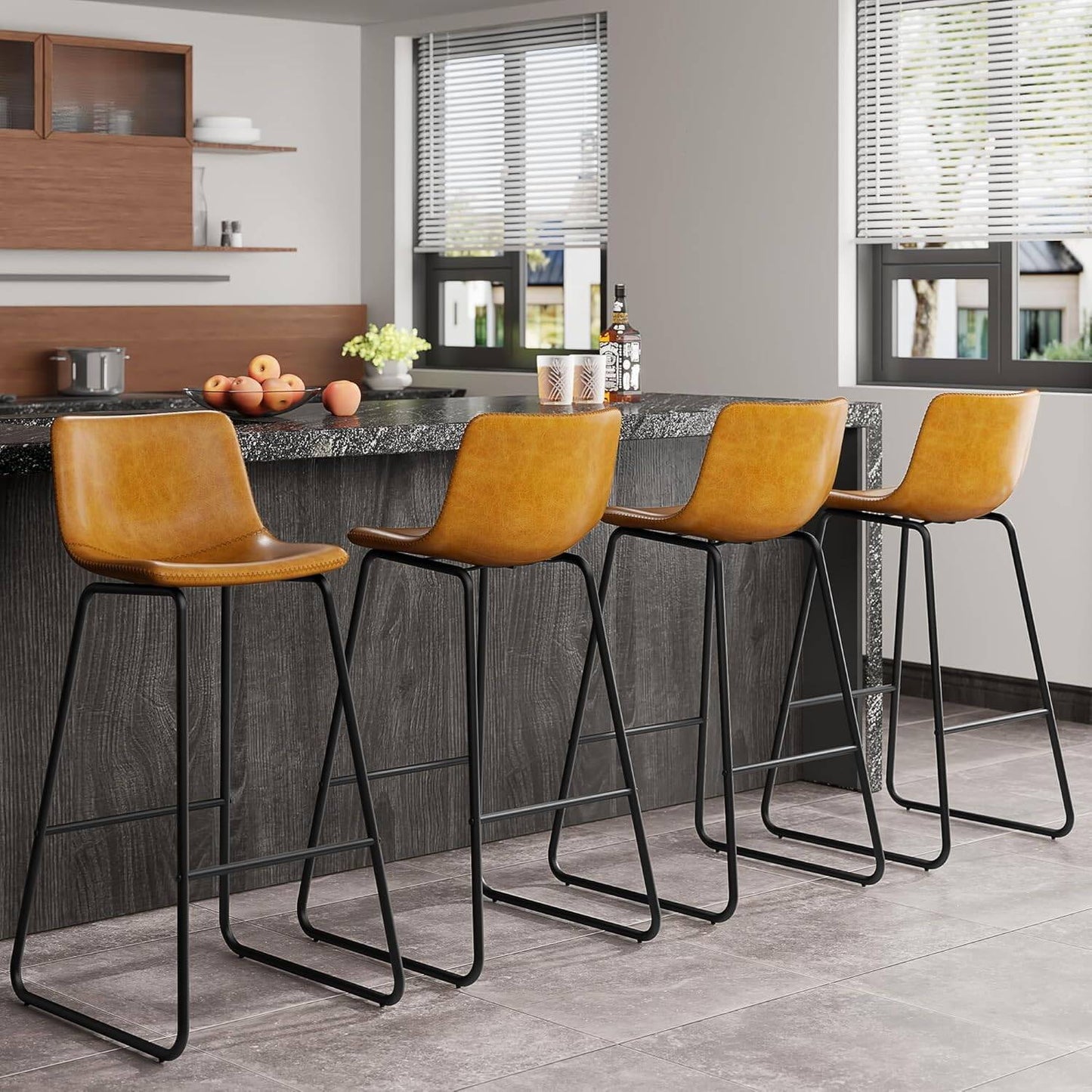 GIKPAL Bar Stools 30" Faux Leather Counter Height Barstools with Back Set of 4, Modern Counter Stools with Metal Legs and Footrest, Armless Chairs with Back for Kitchen Living Room Pub, Whiskey Brown