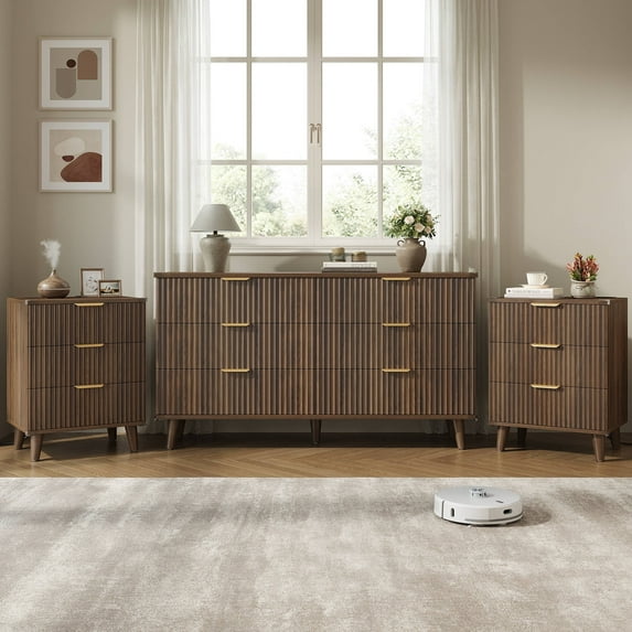 GIKPAL Bedroom Dresser and Nightstand 3 Piece Set - Includes Boho Double 6 Drawer Storage Dresser, Nightstand Set of 2 with Charging Station, Modern Bedroom Set, Walnut