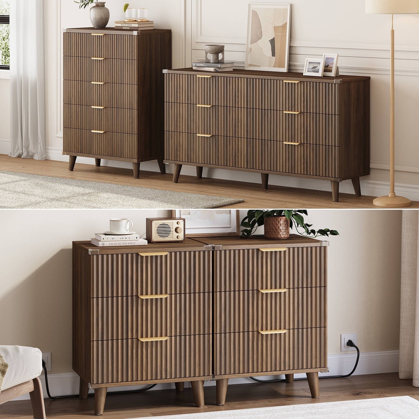 GIKPAL Bedroom Furniture Set - Includes 6 Drawer Dresser & 5 Drawer Dresser & 3 Drawer Nightstand Set of 2 with USB, Boho Dresser and Nightstand Sets, Walnut