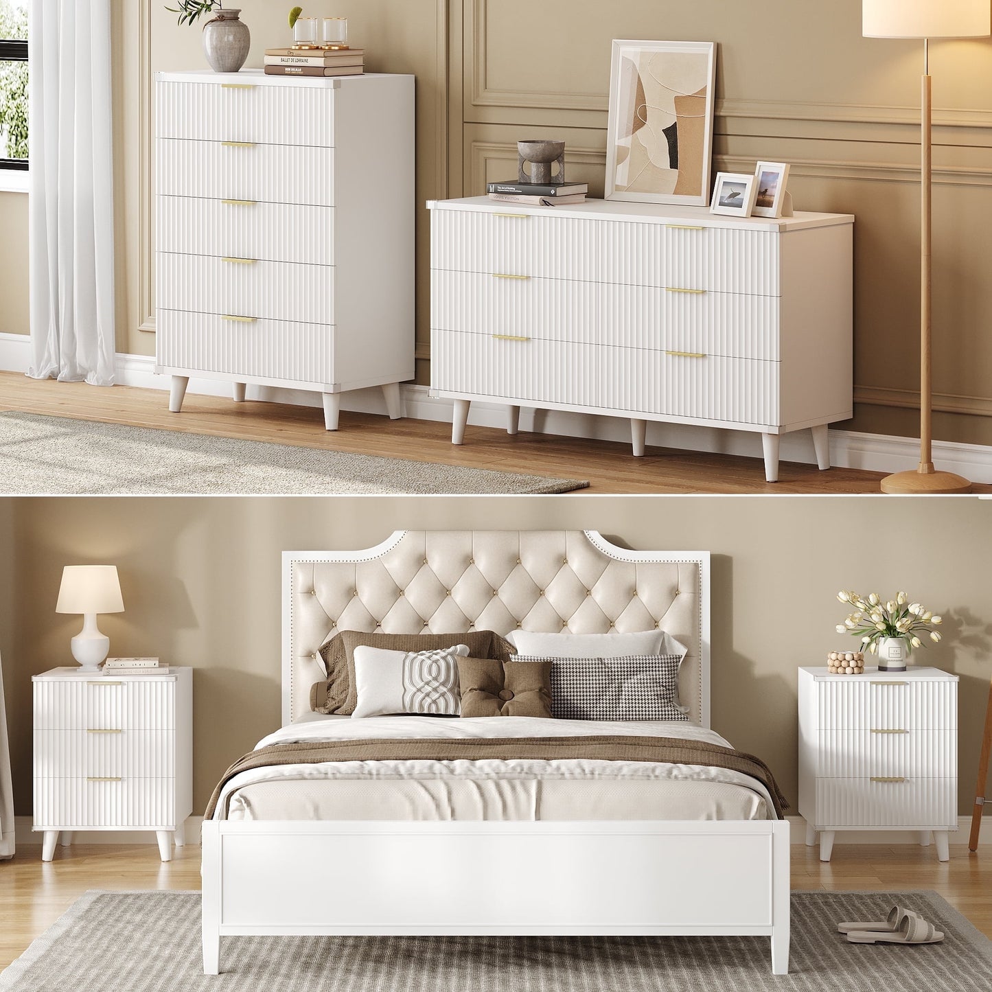 GIKPAL Bedroom Furniture Set - Includes 6 Drawer Dresser & 5 Drawer Dresser & 3 Drawer Nightstand Set of 2 with USB, Boho Dresser and Nightstand Sets, White