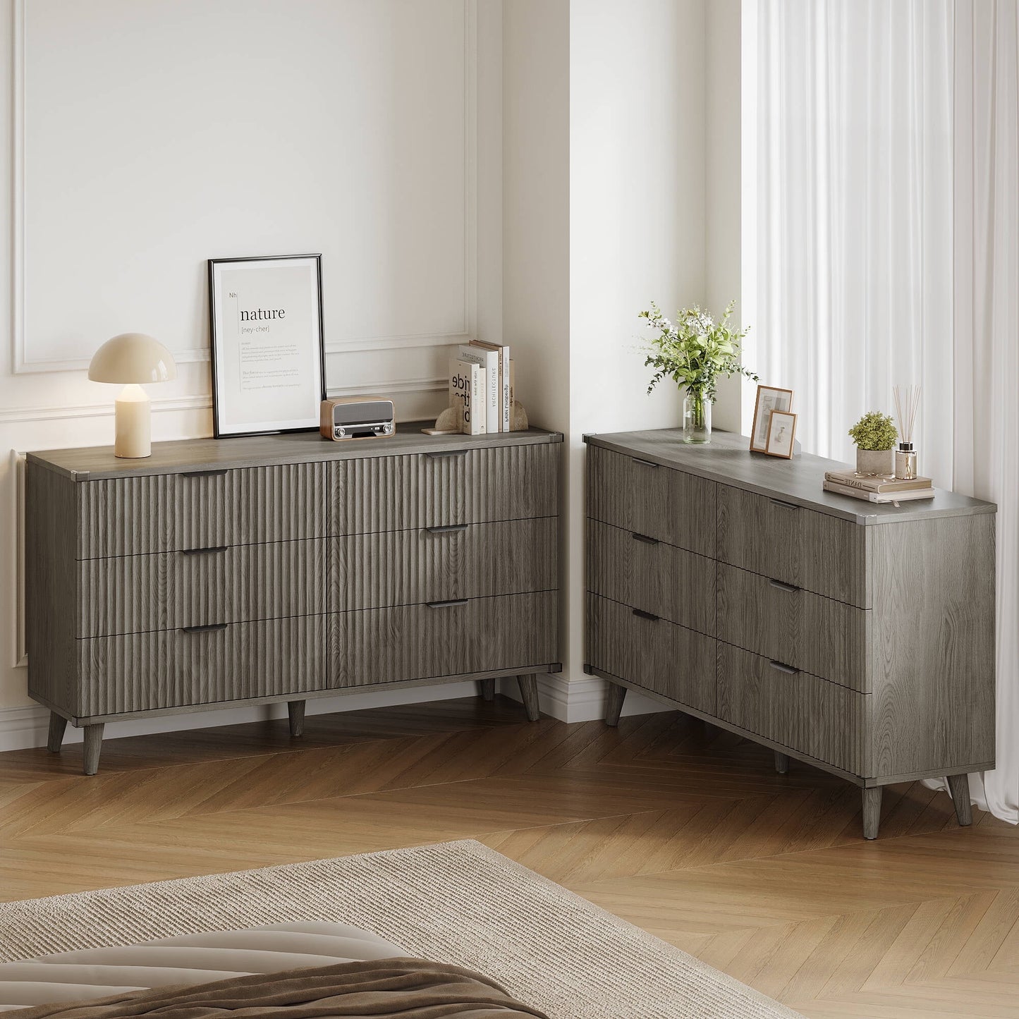 GIKPAL Dressers for Bedroom 6 Drawer Set of 2, Modern Chest of Double Drawers Dressers, Wood Boho Fluted Storage Cabinet with Metal Handles, for Living Room, Dark Grey Oak