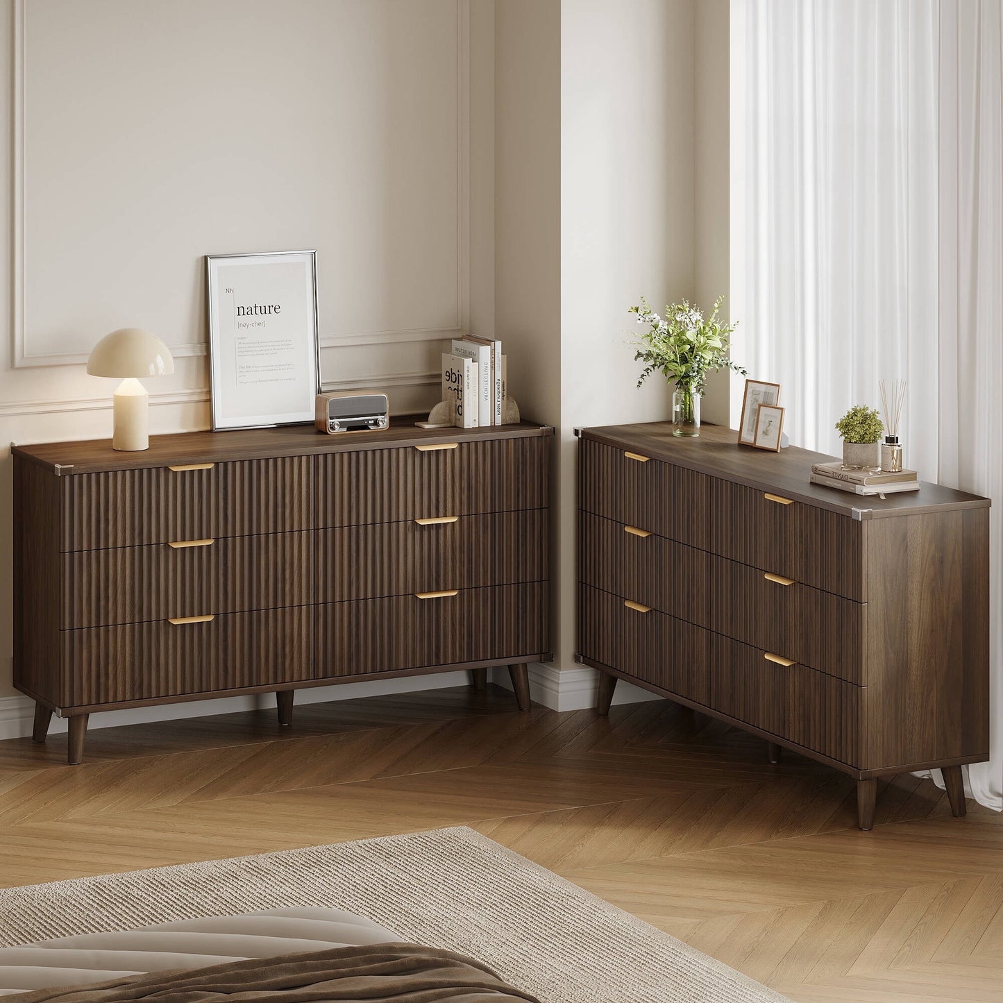 GIKPAL Dressers for Bedroom 6 Drawer Set of 2, Modern Chest of Double Drawers Dressers, Wood Boho Fluted Storage Cabinet with Metal Handles, for Living Room, Walnut