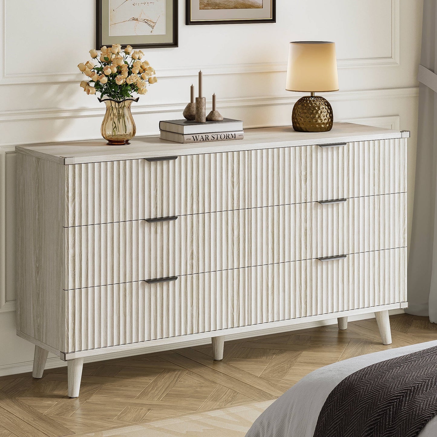 GIKPAL Dressers for Bedroom 6 Drawer, Wood Chest of Double Drawers Dressers, Modern Boho Fluted Storage Cabinet with Metal Handles, for Living Room, Entryway & Hallway, White Oak