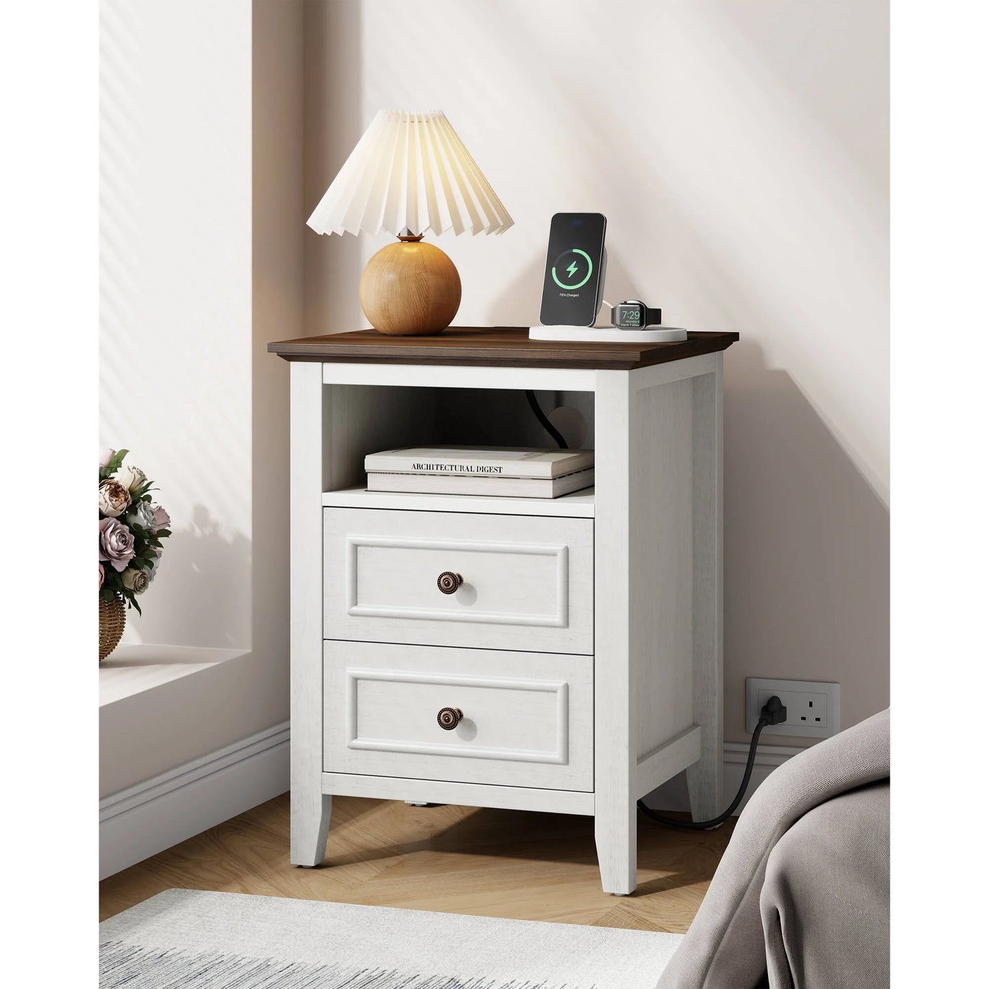 GIKPAL Farmhouse Nightstand with Charging Station, Dresser for Bedroom with 2 Drawers Handles, Rustic Wood Side Table End Table for Living Room, Oak White