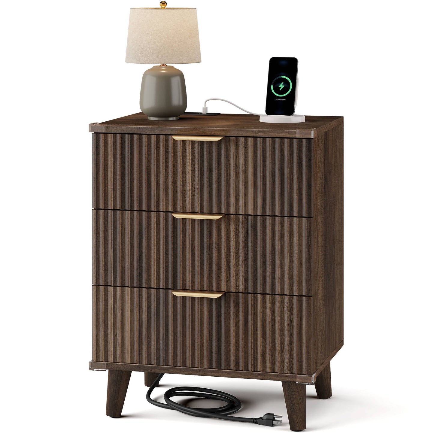 GIKPAL Night Stands for Bedroom, Modern Bedside Table with 3 Drawers & Charging Station,Fluted Panel End Tables for Bedroom & Living Room, Walnut