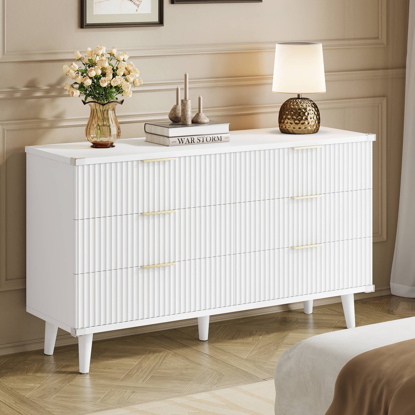 GIKPAL White Dresser for bedroom 6 Drawer, Modern Chest of Double Drawers Dressers, Wood Boho Fluted Storage Cabinet with Metal Handles, for Living Room, Entryway & Hallway