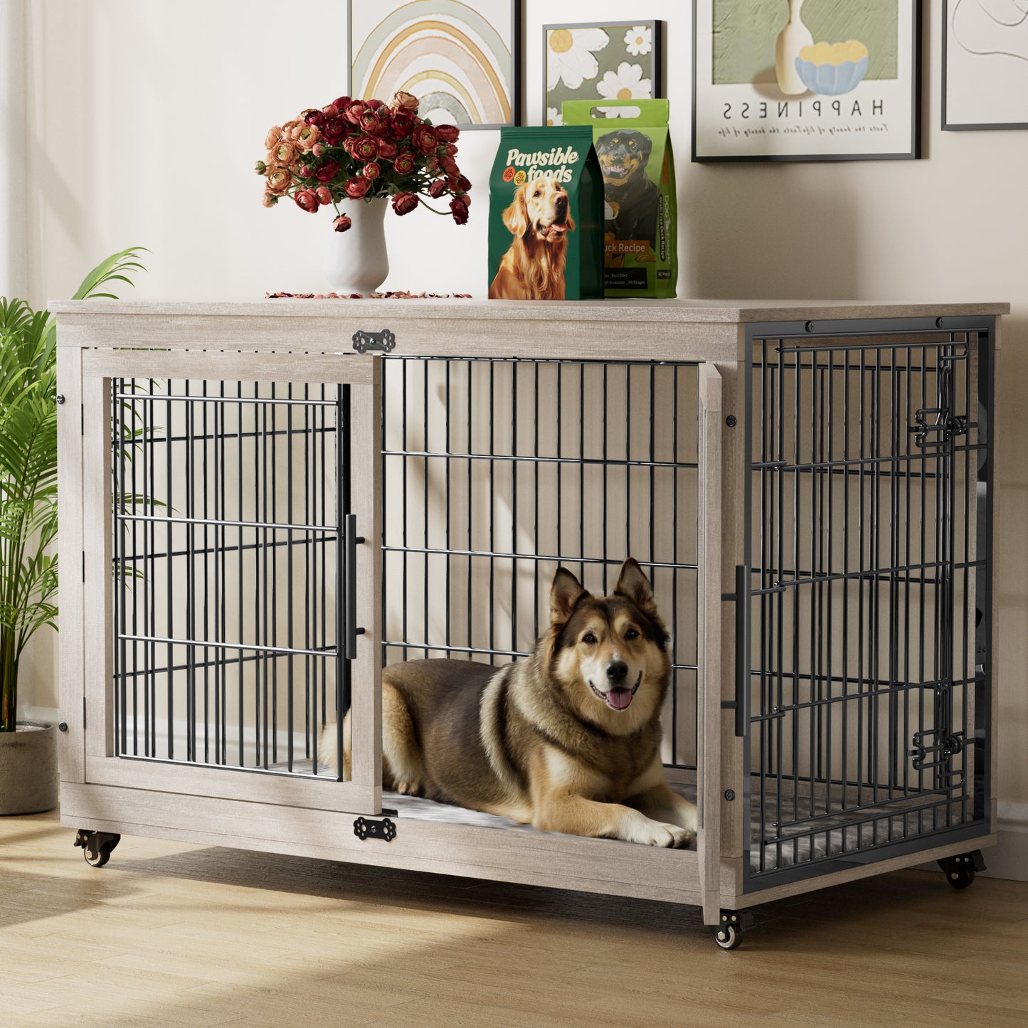GIKPAL 44-Inch Dog Crate with Pads, 2-Door Heavy-Duty Indoor Wooden Dog Cage on Wheels for XL Dogs up to 50 lbs,Gray