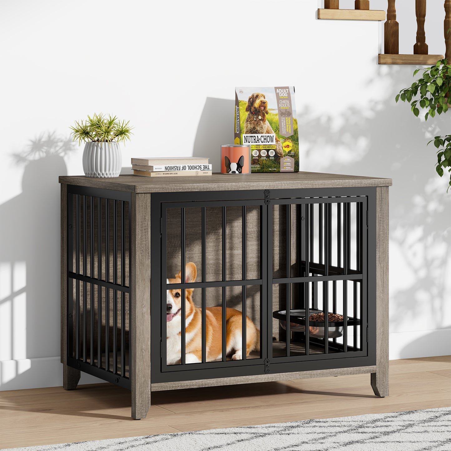 GIKPAL Dog Crate with Dog Bowls, Wooden Dog Crate and Kennels for Small/Medium Dogs, Sturdy & Stylish Pet Crate Cage End Table Furniture, Gray