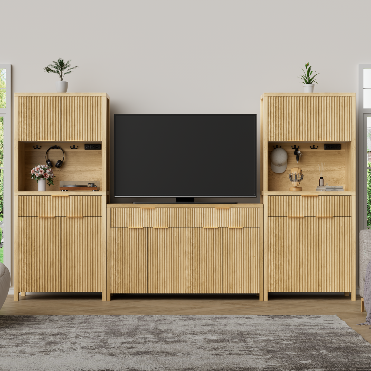 GIKPAL Sideboard and Pantry Set 3 Piece - 55"L Sideboard and 2 pcs Pantry Cabinet, TV Stands for Living Room, Fluted Kitchen Storage Cabinets, Natural Oak