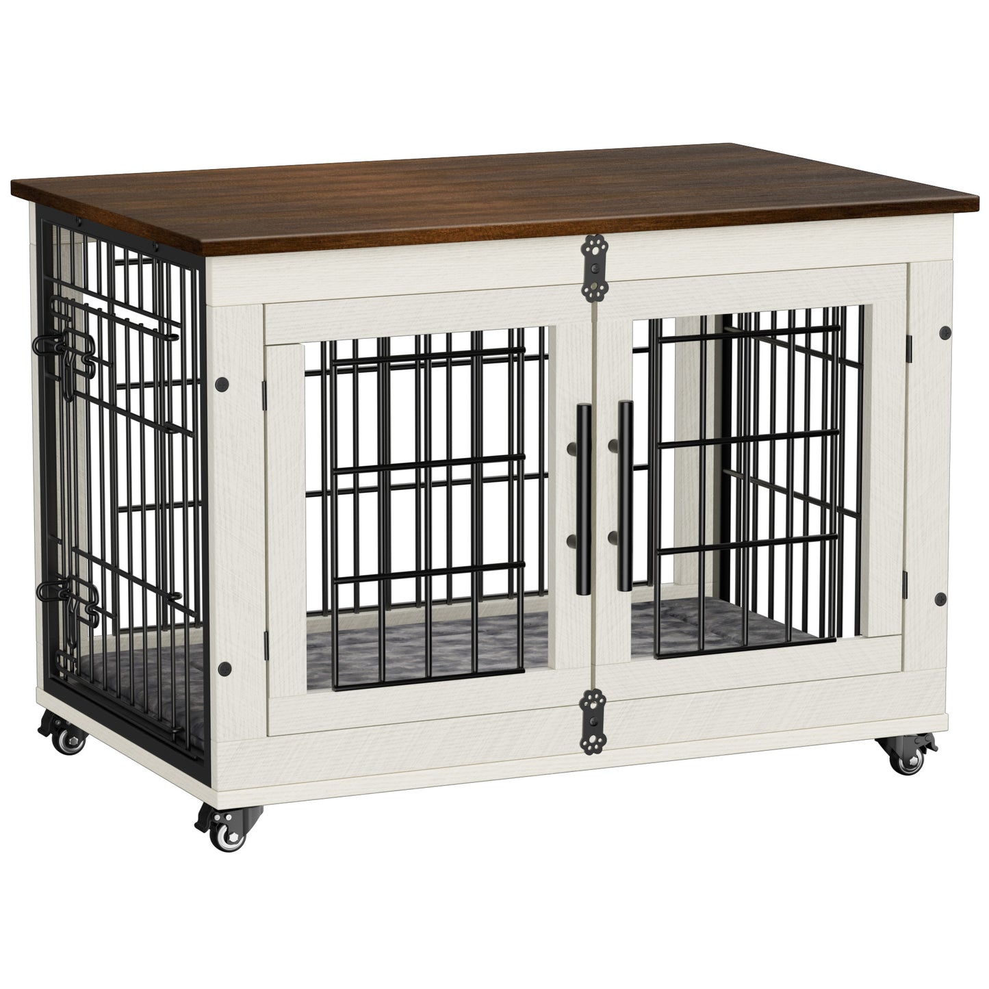GIKPAL 32-Inch Dog Crate with Pads, 2-Door Heavy-Duty Indoor Wooden Dog Cage on Wheels for Small to Medium Dogs up to 70 lbs,White