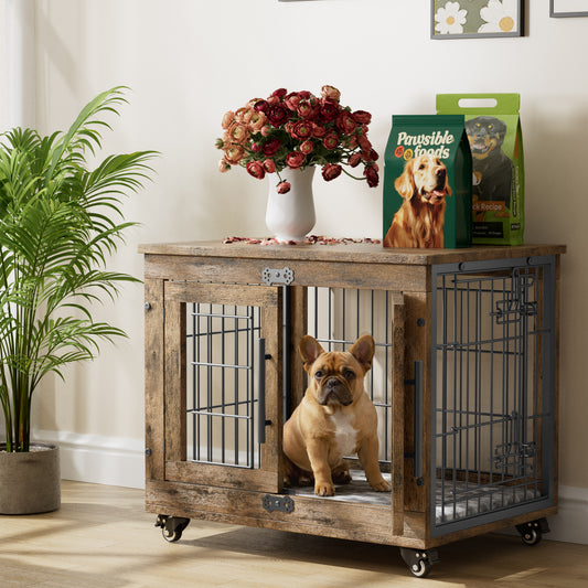 GIKPAL 27-Inch Dog Crate with Pads, 2-Door Heavy-Duty Indoor Wooden Dog Cage on Wheels for Small to Medium Dogs up to 35 lbs,Brown
