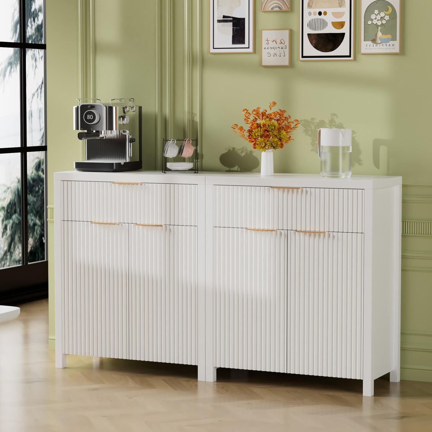GIKPAL Storage Cabinet with Doors, Sideboard Buffet Cabinet with Drawers, Coffee Bar Cabinet Fluted Accent with Adjustable Shelves, White Set of 2