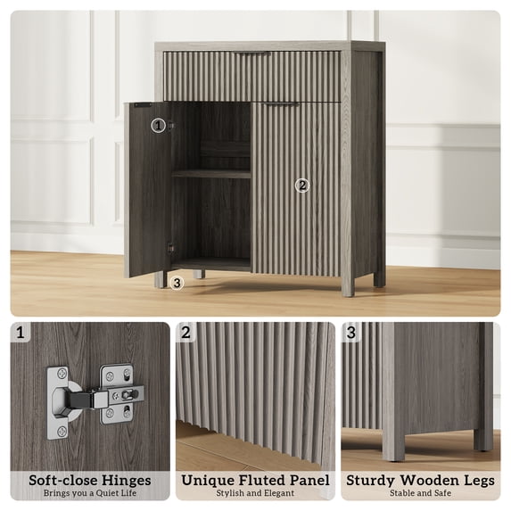 GIKPAL Sideboard Buffet Cabinet, Fluted Kitchen Storage Organizer with Adjustable Shelf and Doors, Modern Accent Cabinet with Storage Drawer for Dining Living Room, Gray Oak