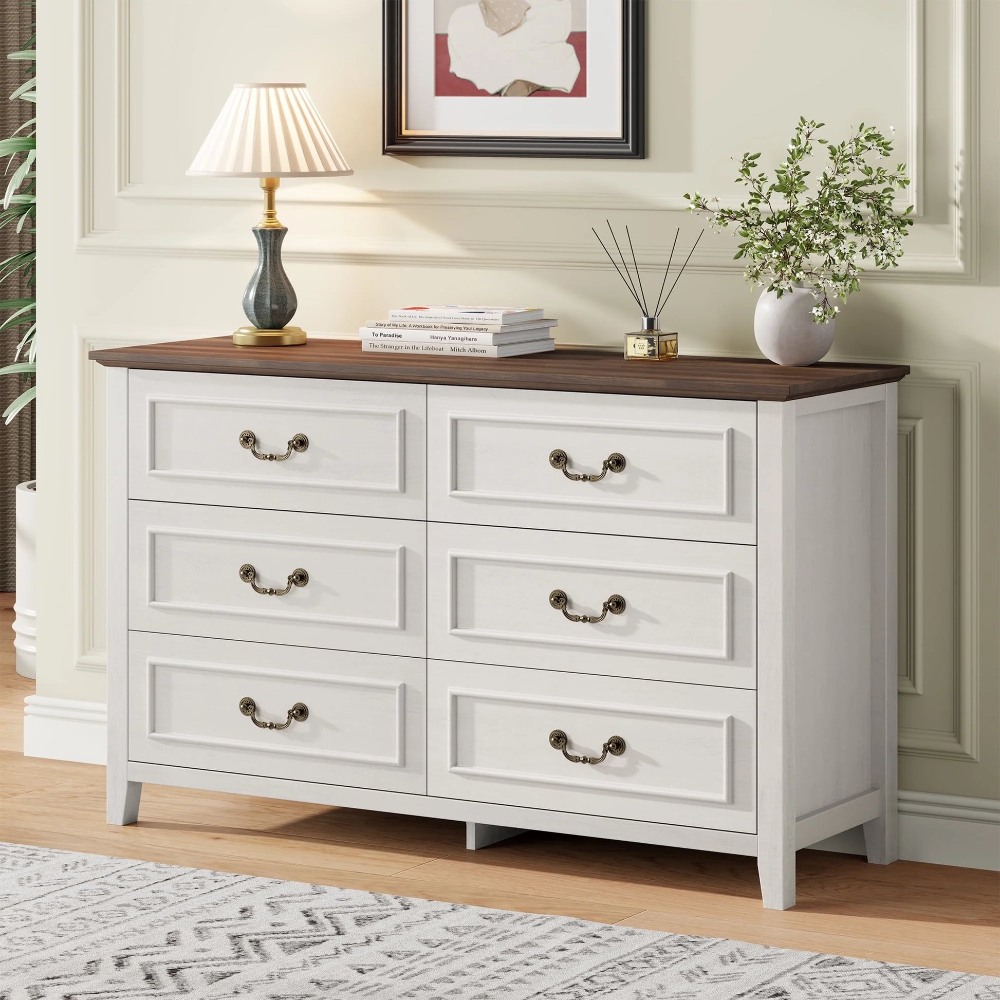 white dresser with wood top GIKPAL White Dresser for Bedroom, 6 Drawers Wood Dresser with Antique – 我的商店