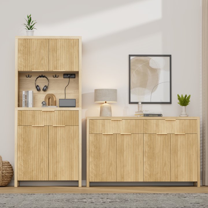 GIKPAL Sideboard and Pantry Set for Kitchen, Dining Living Room Furniture, Natural Oak