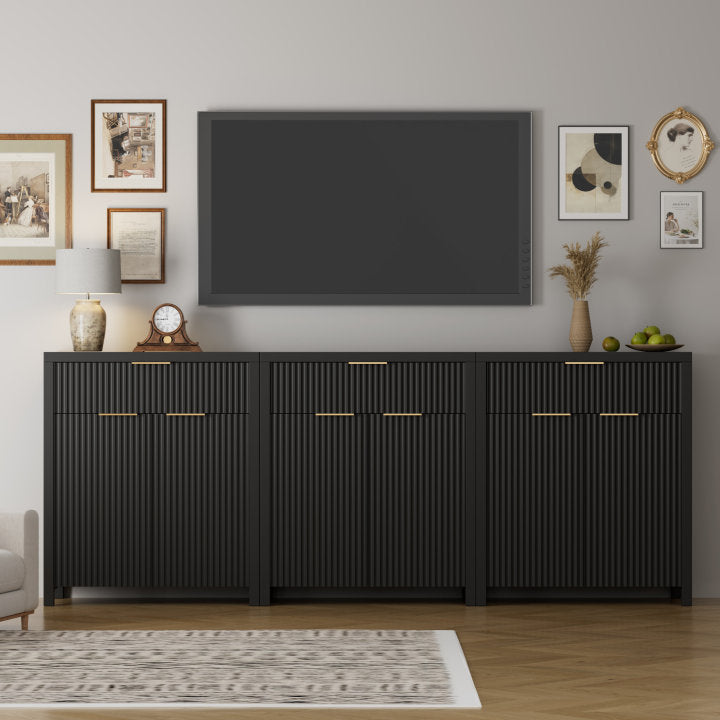 GIKPAL Storage Cabinet Set of 3, Sideboard Buffet Cabinet with Storage, TV Stand Dresser for TVs with Drawers, Accent Console Table with Adjustable Shelves, Black