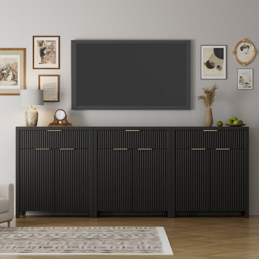 GIKPAL Storage Cabinet Set of 3, Sideboard Buffet Cabinet with Storage, TV Stand Dresser for TVs with Drawers, Accent Console Table with Adjustable Shelves, Black