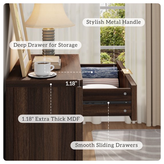 GIKPAL Sideboard Buffet Cabinet, Fluted Kitchen Storage Organizer with Adjustable Shelf and Doors, Modern Accent Cabinet with Storage Drawer for Dining Living Room, Walnut