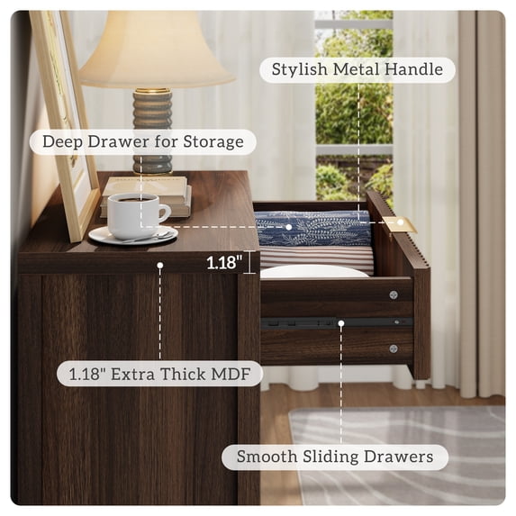 GIKPAL Storage Cabinet with Fluted Doors, Sideboard Buffet Cabinet with Storage Drawers, Modern Kitchen Accent Organizer with Adjustable Shelves, Walnut Set of 2