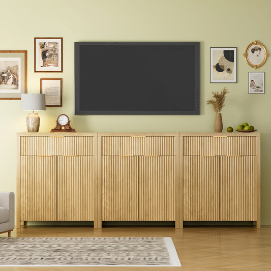 GIKPAL Storage Cabinet Set of 3, Sideboard Buffet Cabinet with Storage, TV Stand Dresser for TVs with Drawers, Credenza Accent Console Table with Adjustable Shelves, Natural Oak