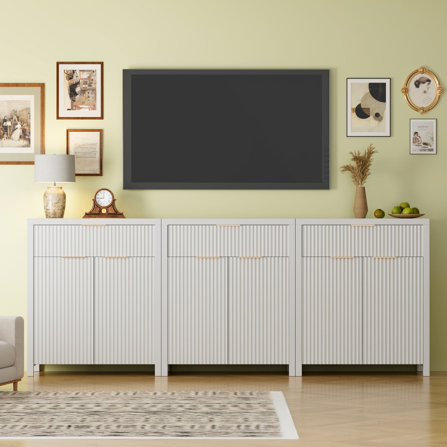 GIKPAL Kitchen Storage Cabinet Set of 3, Sideboard Buffet Cabinet with Storage, TV Stand for TVs with Drawers, Fluted Coffee Bar Accent Organizer with Adjustable Shelves, White