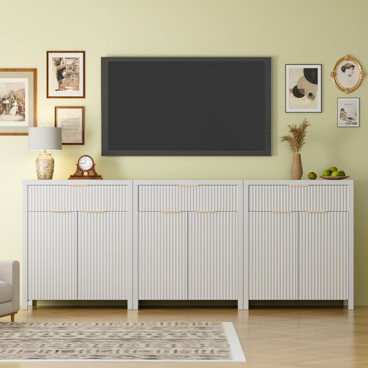GIKPAL Kitchen Storage Cabinet Set of 3, Sideboard Buffet Cabinet with Storage, TV Stand for TVs with Drawers, Fluted Coffee Bar Accent Organizer with Adjustable Shelves, White