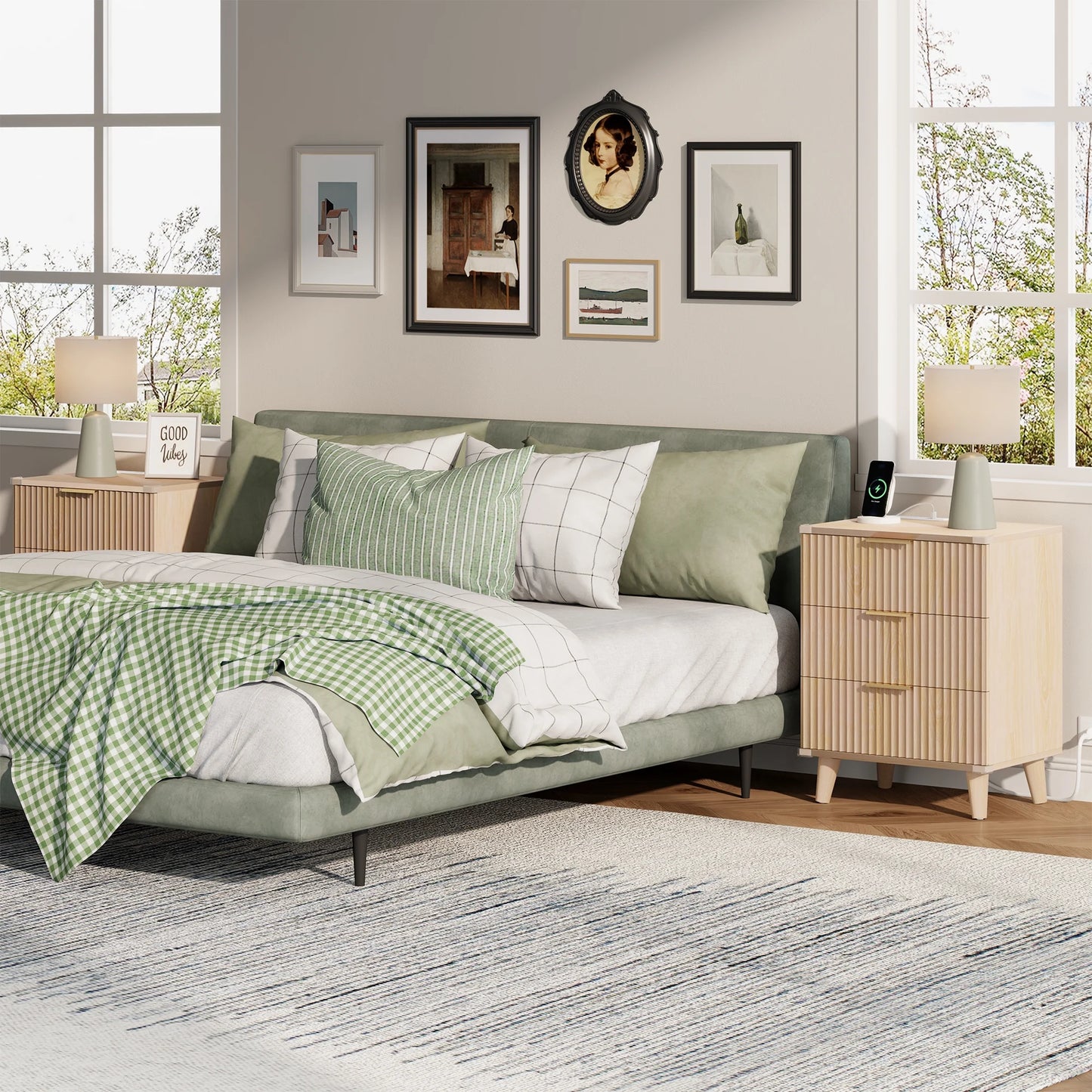 GIKPAL 3 Drawer Dresser with Charging Station, Small Dresser & Fluted End Table, Baby Dresser with Solid Wooden Legs for Bedroom, Natural