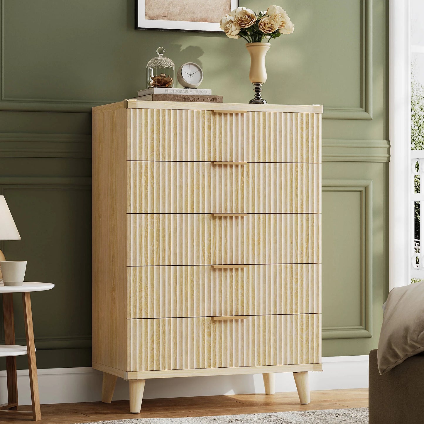 GIKPAL Dresser for Bedroom with 5 Drawer Tall Dresser Chest of Drawers Wooden Dressers Storage for Closet Living Room Hallway, Natural