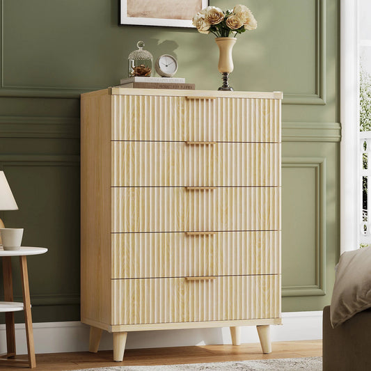 GIKPAL Dresser for Bedroom with 5 Drawer Tall Dresser Chest of Drawers Wooden Dressers Storage for Closet Living Room Hallway, Natural