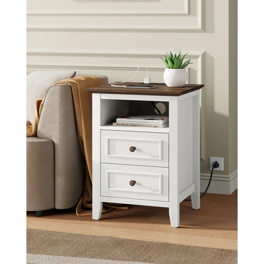 GIKPAL Farmhouse Nightstand with Charging Station, Dresser for Bedroom with 2 Drawers Handles, Rustic Wood Side Table End Table for Living Room, Oak White