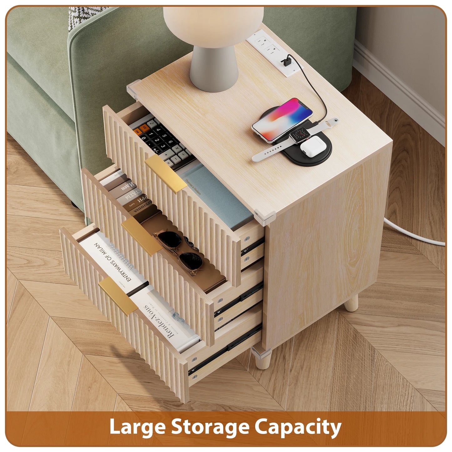 GIKPAL 3 Drawer Dresser with Charging Station, Small Dresser & Fluted End Table, Baby Dresser with Solid Wooden Legs for Bedroom, Natural