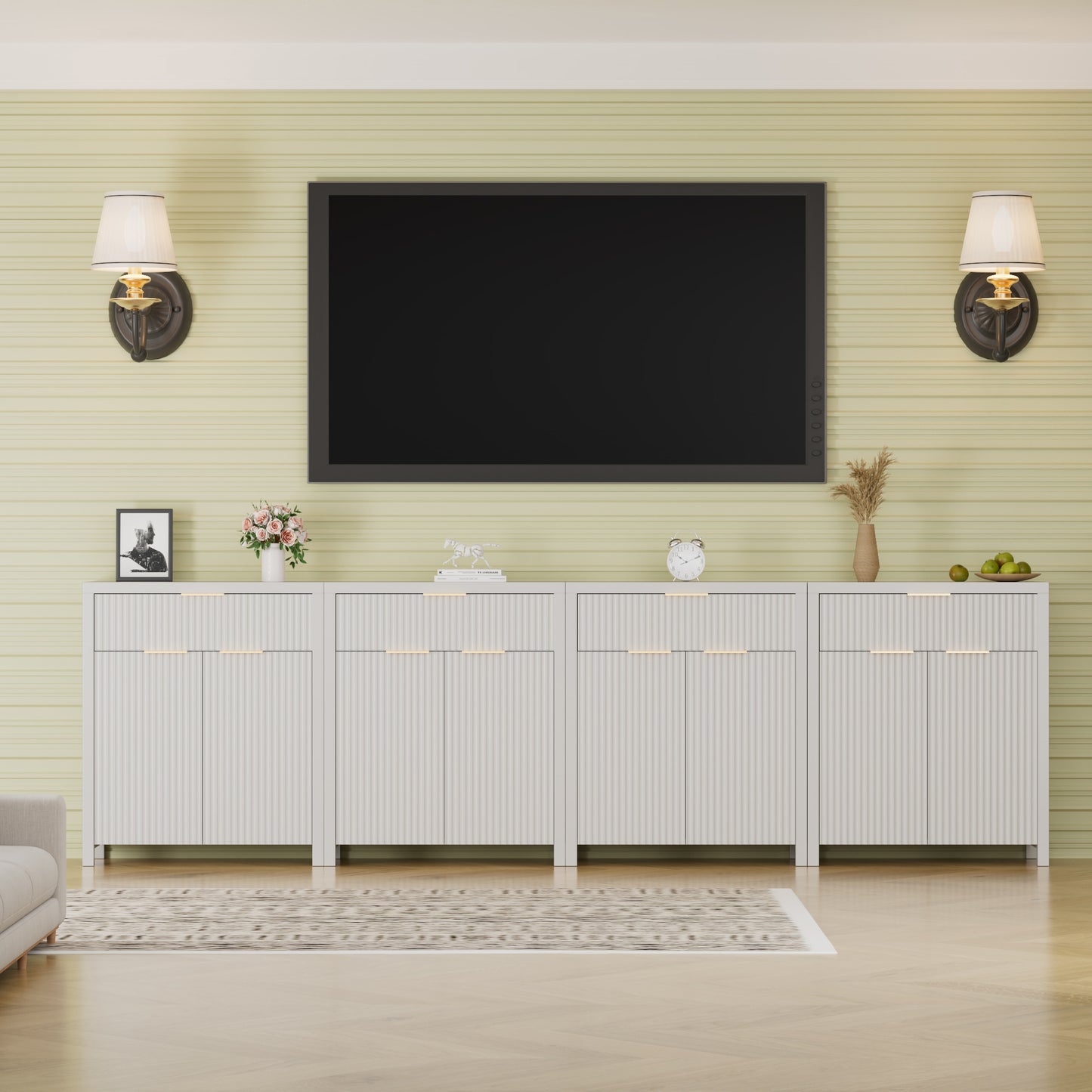 GIKPAL Storage Cabinet Furniture with Doors, Fluted Coffee Bar Buffet Cabinet with Adjustable Shelves, TV Stand for Living Room, White Set of 4