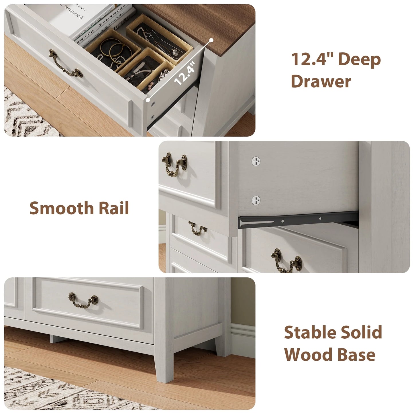 GIKPAL White Dresser for Bedroom, 6 Drawers Wood Dresser with Antique Handles, Farmhouse Rustic Chest of Drawers for Bedroom, Living Room, Entryway & Hallway