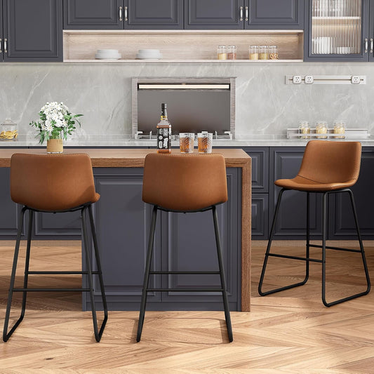 GIKPAL Bar Stools 26" Faux Leather Counter Height Barstools with Back Set of 3, Modern Counter Stools with Metal Legs and Footrest, Armless Chairs with Back for Kitchen Living Room Pub, Dark Brown