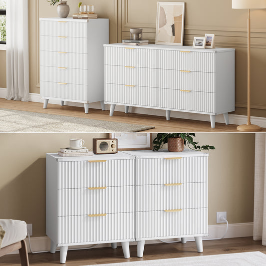 GIKPAL Bedroom Furniture Set - Includes 6 Drawer Dresser & 5 Drawer Dresser & 3 Drawer Nightstand Set of 2 with USB, Boho Dresser and Nightstand Sets, White