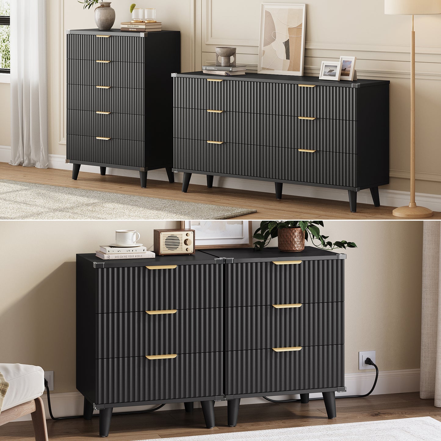 GIKPAL Bedroom Furniture Set - Includes 6 Drawer Dresser & 5 Drawer Dresser & 3 Drawer Nightstand Set of 2 with USB, Boho Dresser and Nightstand Sets, Black